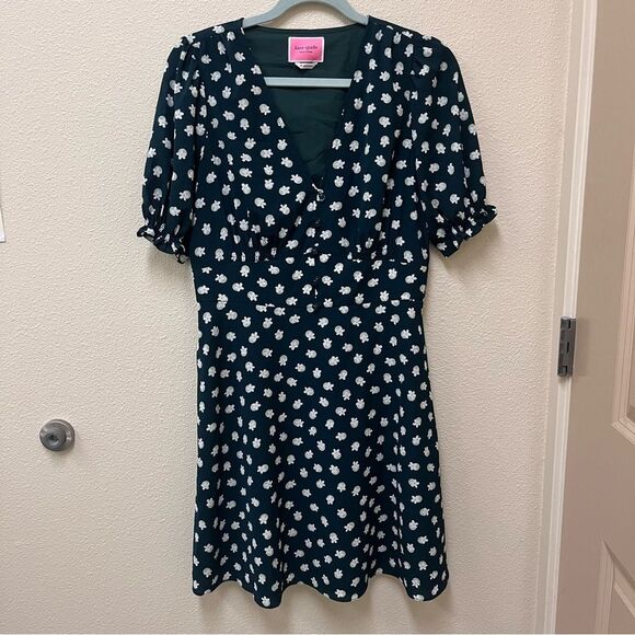 Kate Spade Dark Green Floral Dot Dress Button Front 10 - Picture 2 of 9